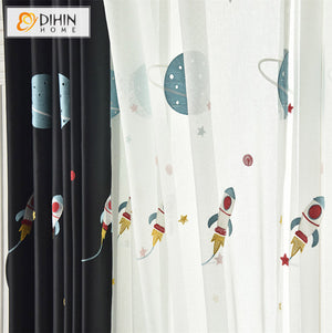 DIHINHOME Home Textile Pastoral Curtain DIHIN HOME Cartoon Spaceship Blackout Grommet Window Curtain for Living Room ,52x63-inch,1 Panel