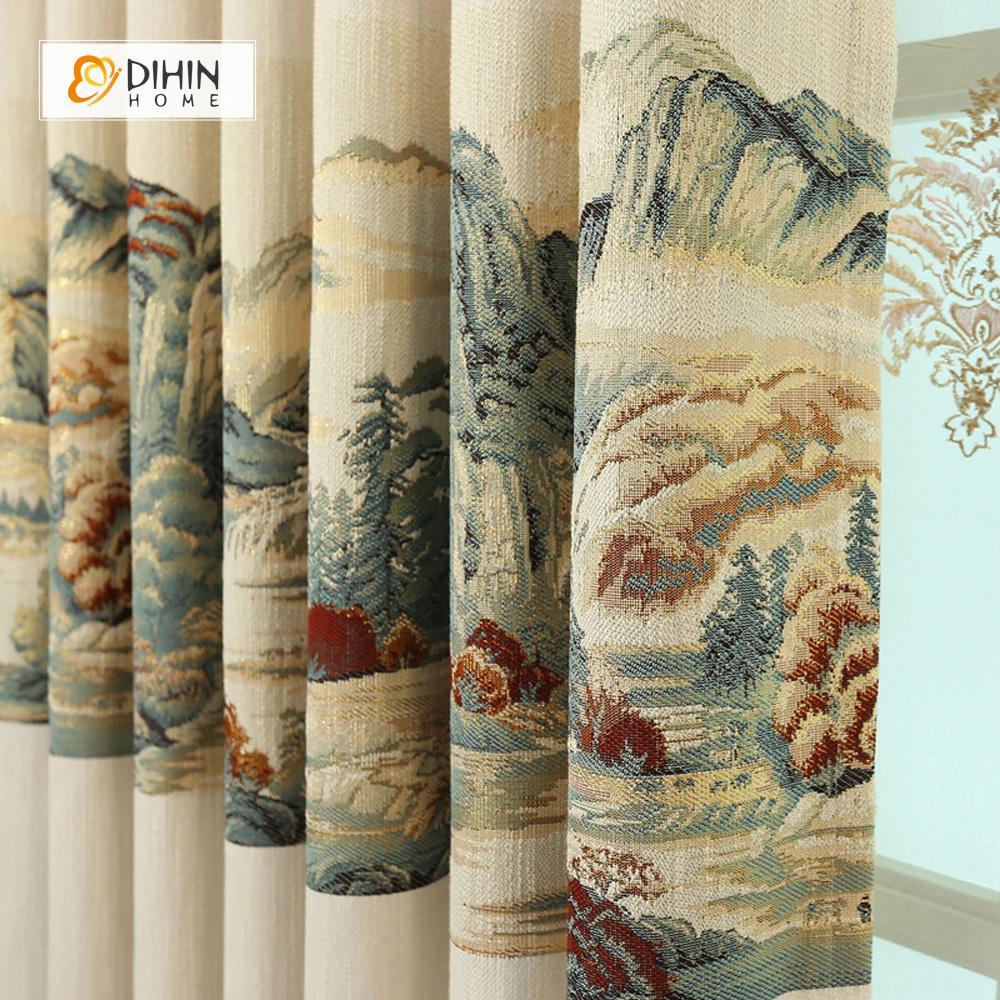 DIHINHOME Home Textile Pastoral Curtain DIHIN HOME Chinese Landscape Printed，Blackout Grommet Window Curtain for Living Room ,52x63-inch,1 Panel