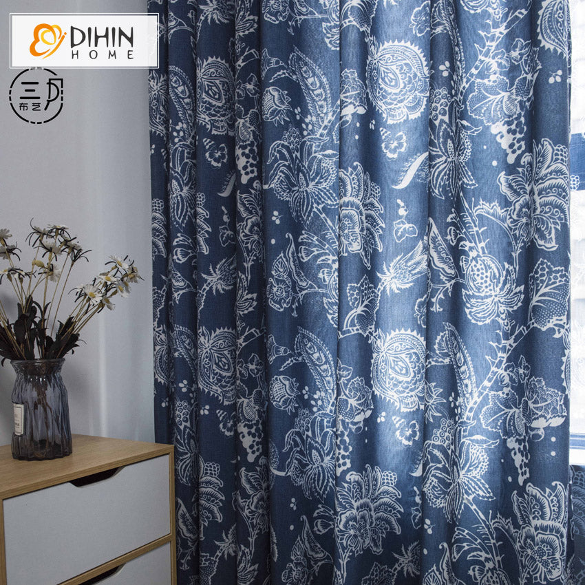 DIHINHOME Home Textile Pastoral Curtain DIHIN HOME Chinese Style Blue Flowers Printed,Blackout Grommet Window Curtain for Living Room,1 Panel