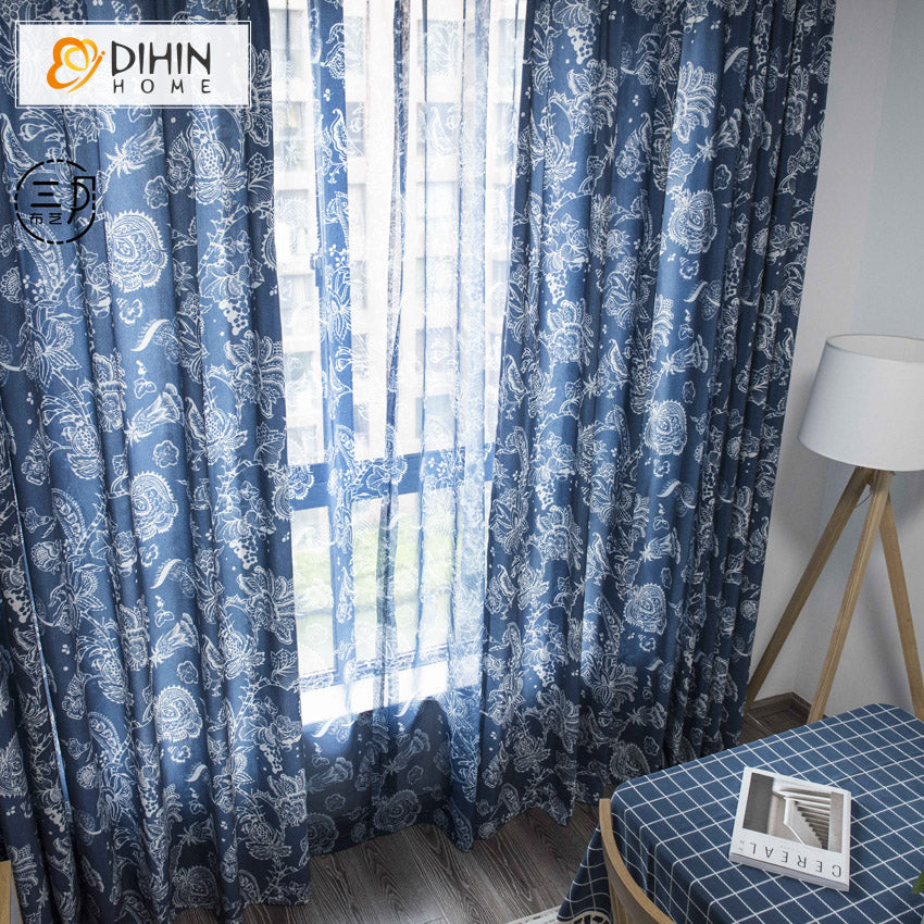 DIHINHOME Home Textile Pastoral Curtain DIHIN HOME Chinese Style Blue Flowers Printed,Blackout Grommet Window Curtain for Living Room,1 Panel