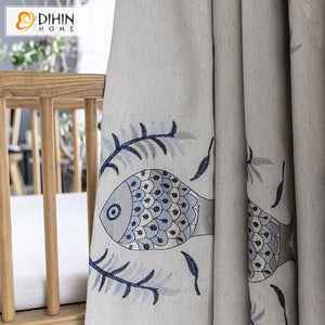 DIHINHOME Home Textile Pastoral Curtain DIHIN HOME Chinese Style Cotton Linen Fish Embroidered Curtains,Grommet Window Curtain for Living Room ,52x63-inch,1 Panel