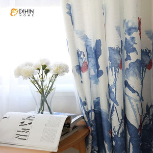 DIHINHOME Home Textile Pastoral Curtain DIHIN HOME Chinese Style Flowers Printed ,Cotton Linen，Blackout Grommet Window Curtain for Living Room ,52x63-inch,1 Panel