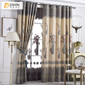 DIHIN HOME Chinese Style High Precision Vase Embroidery,Blackout Grommet Window Curtain for Living Room ,52x63-inch,1 Panel