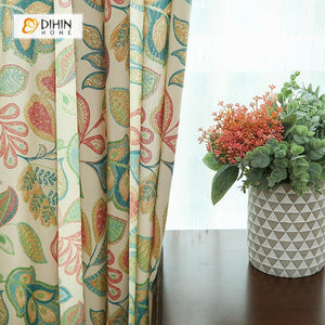 DIHINHOME Home Textile Pastoral Curtain DIHIN HOME Clear and Bright Leaves Printed ,Cotton Linen ,Blackout Grommet Window Curtain for Living Room ,52x63-inch,1 Panel