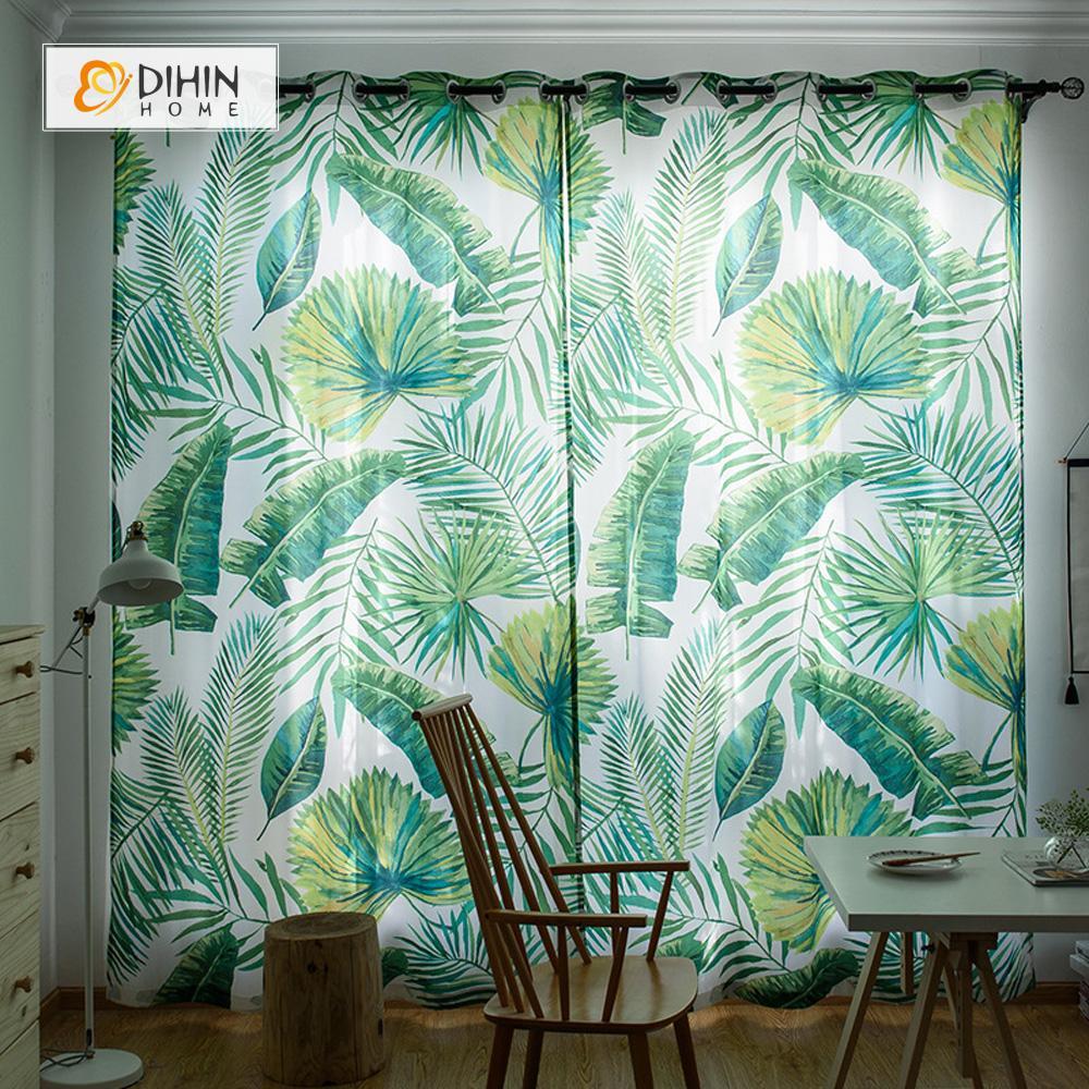 DIHINHOME Home Textile Pastoral Curtain DIHIN HOME Clear Green Leaf Printed，Blackout Grommet Window Curtain for Living Room ,52x63-inch,1 Panel