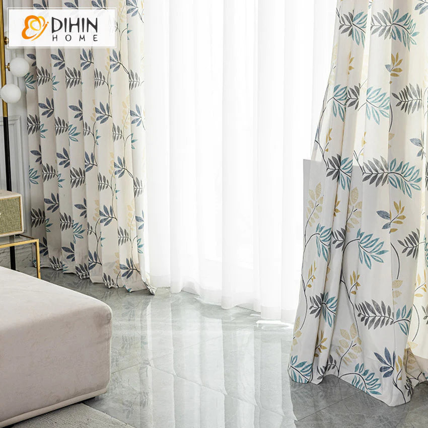 DIHINHOME Home Textile Pastoral Curtain DIHIN HOME Cotton Linen Leaves Printed,Blackout Grommet Window Curtain for Living Room,1 Panel