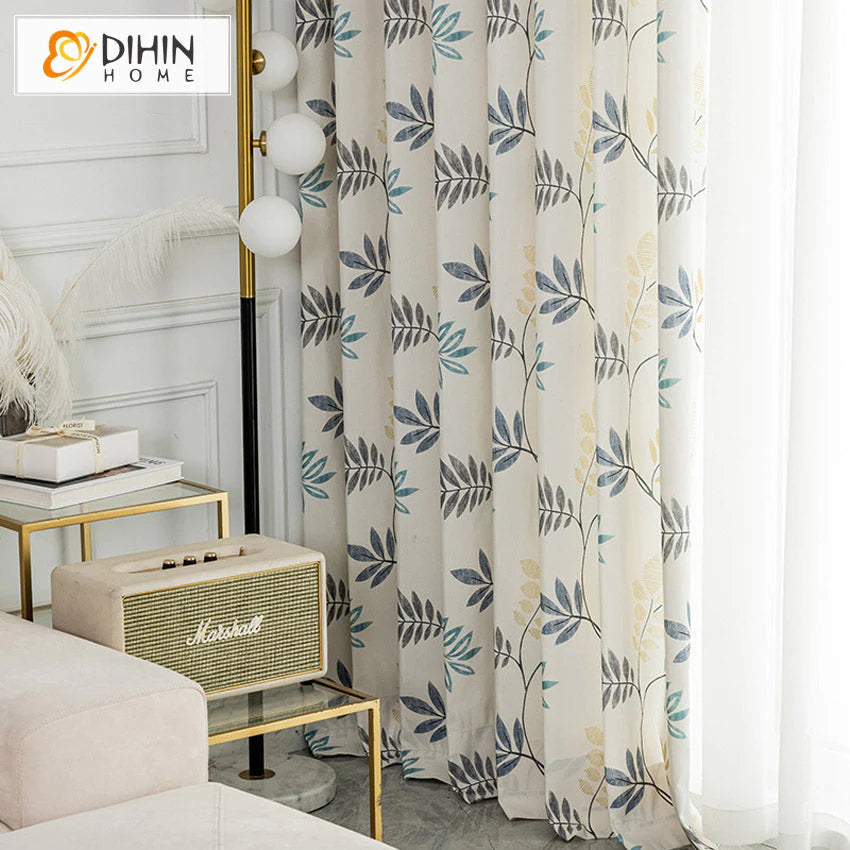 DIHINHOME Home Textile Pastoral Curtain DIHIN HOME Cotton Linen Leaves Printed,Blackout Grommet Window Curtain for Living Room,1 Panel