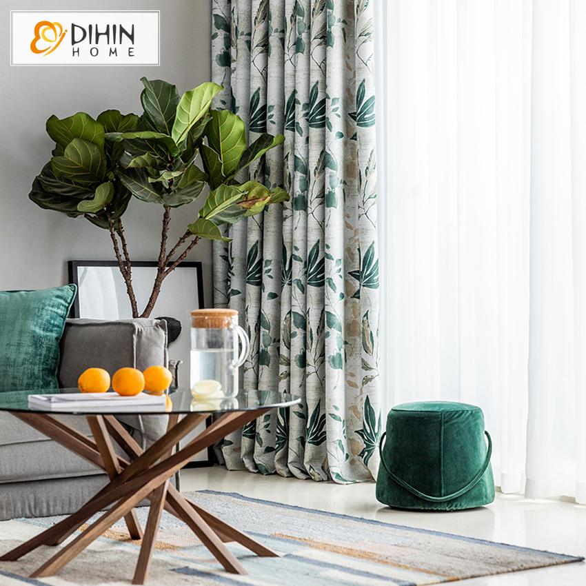 DIHIN HOME Cotton Linen Pastoral Leaves Customized Curtains,Blackout Grommet Window Curtain for Living Room ,52x63-inch,1 Panel