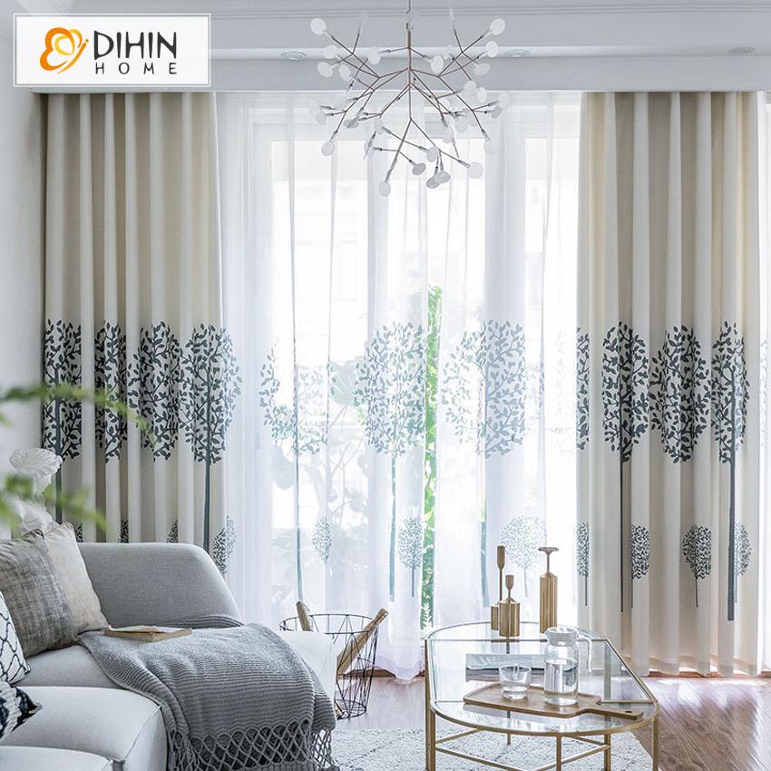 DIHIN HOME Cotton Linen Pastoral Tree Printed Curtains，Blackout Grommet Window Curtain for Living Room ,52x63-inch,1 Panel