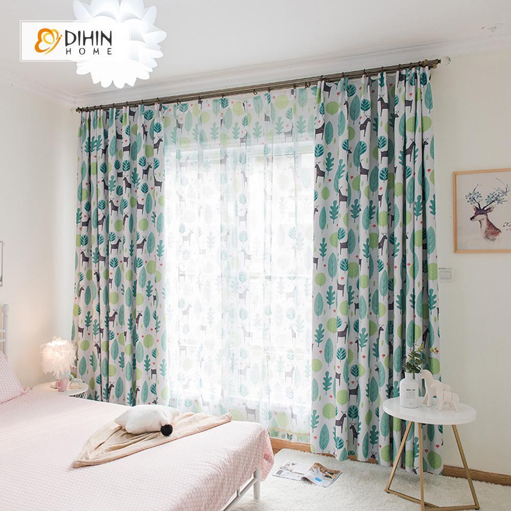 DIHINHOME Home Textile Pastoral Curtain DIHIN HOME Cute Deer and Tree Printed，Blackout Grommet Window Curtain for Living Room ,52x63-inch,1 Panel