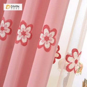 DIHINHOME Home Textile Pastoral Curtain DIHIN HOME Cute Pink Flowers Embroidered，Blackout Grommet Window Curtain for Living Room ,52x63-inch,1 Panel