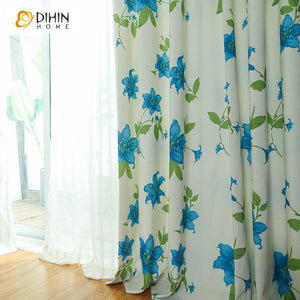 DIHINHOME Home Textile Pastoral Curtain DIHIN HOME ELegant Blue Flowers Printed,Blackout Grommet Window Curtain for Living Room ,52x63-inch,1 Pane