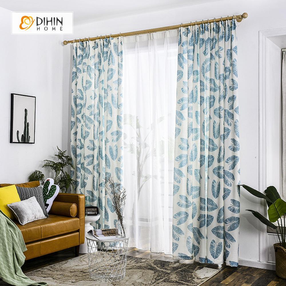 DIHINHOME Home Textile Pastoral Curtain DIHIN HOME Elegant Blue Leaves Printed，Blackout Grommet Window Curtain for Living Room ,52x63-inch,1 Panel