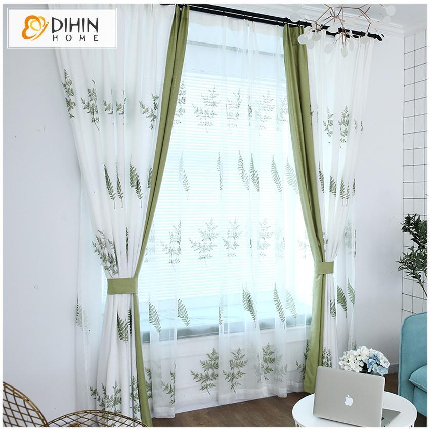 DIHINHOME Home Textile Pastoral Curtain DIHIN HOME Elegant Green Leaves Embroidered,Blackout Grommet Window Curtain for Living Room ,52x63-inch,1 Panel