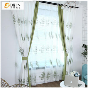 DIHINHOME Home Textile Pastoral Curtain DIHIN HOME Elegant Green Leaves Embroidered,Blackout Grommet Window Curtain for Living Room ,52x63-inch,1 Panel