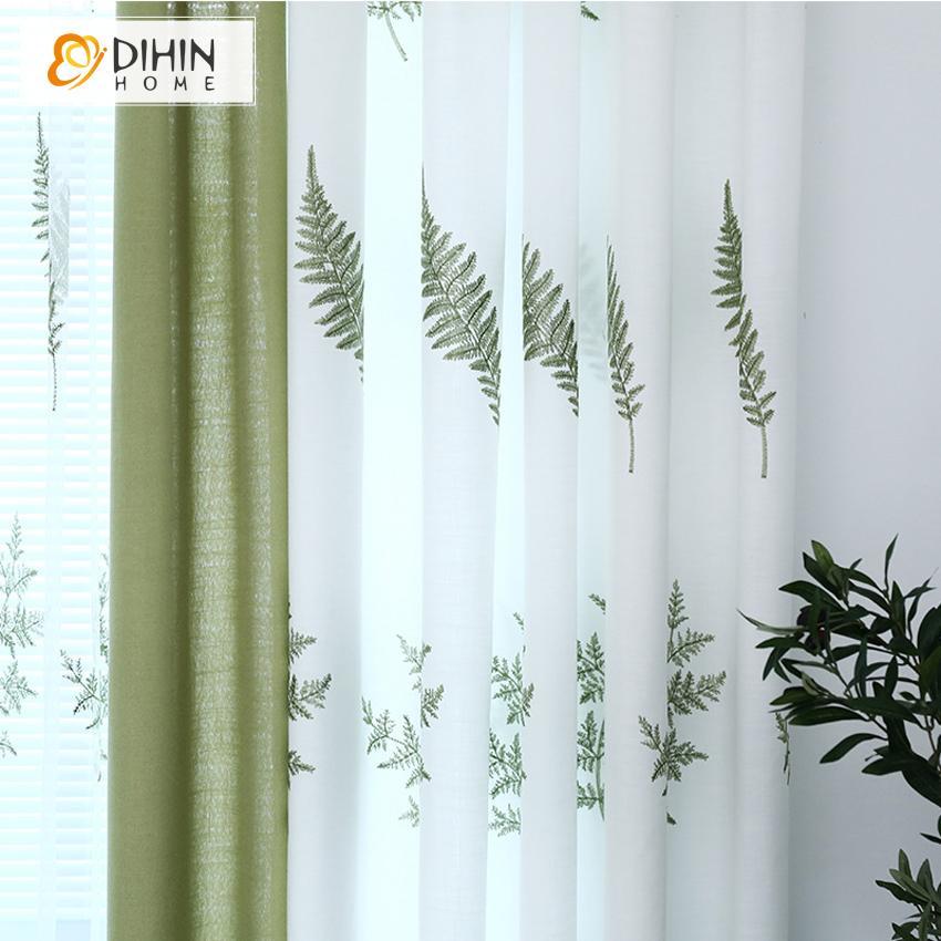 DIHINHOME Home Textile Pastoral Curtain DIHIN HOME Elegant Green Leaves Embroidered,Blackout Grommet Window Curtain for Living Room ,52x63-inch,1 Panel