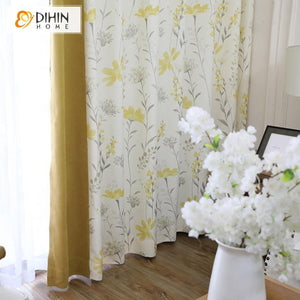 DIHINHOME Home Textile Pastoral Curtain DIHIN HOME Elegant Yellow Flowers Grey Leaves Printed,Blackout Grommet Window Curtain for Living Room ,52x63-inch,1 Panel