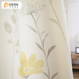 DIHINHOME Home Textile Pastoral Curtain DIHIN HOME Elegant Yellow Flowers Grey Leaves Printed,Blackout Grommet Window Curtain for Living Room ,52x63-inch,1 Panel