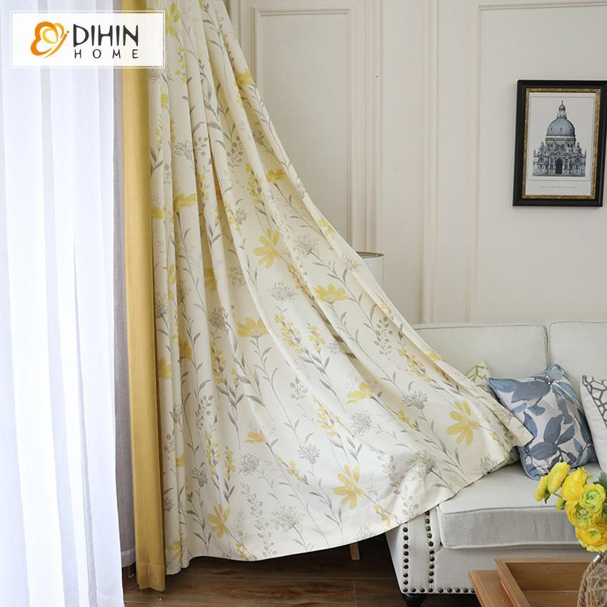 DIHINHOME Home Textile Pastoral Curtain DIHIN HOME Elegant Yellow Flowers Grey Leaves Printed,Blackout Grommet Window Curtain for Living Room ,52x63-inch,1 Panel