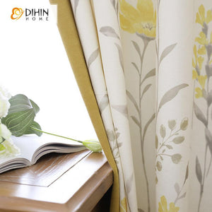 DIHINHOME Home Textile Pastoral Curtain DIHIN HOME Elegant Yellow Flowers Grey Leaves Printed,Blackout Grommet Window Curtain for Living Room ,52x63-inch,1 Panel