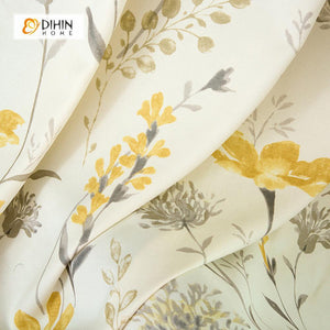 DIHINHOME Home Textile Pastoral Curtain DIHIN HOME Elegant Yellow Flowers Printed，Blackout Grommet Window Curtain for Living Room ,52x63-inch,1 Panel