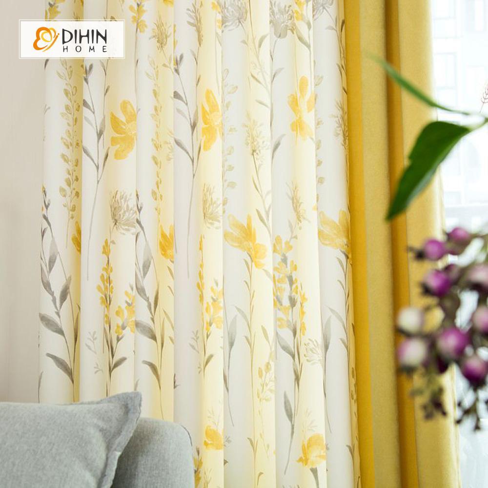 DIHINHOME Home Textile Pastoral Curtain DIHIN HOME Elegant Yellow Flowers Printed，Blackout Grommet Window Curtain for Living Room ,52x63-inch,1 Panel
