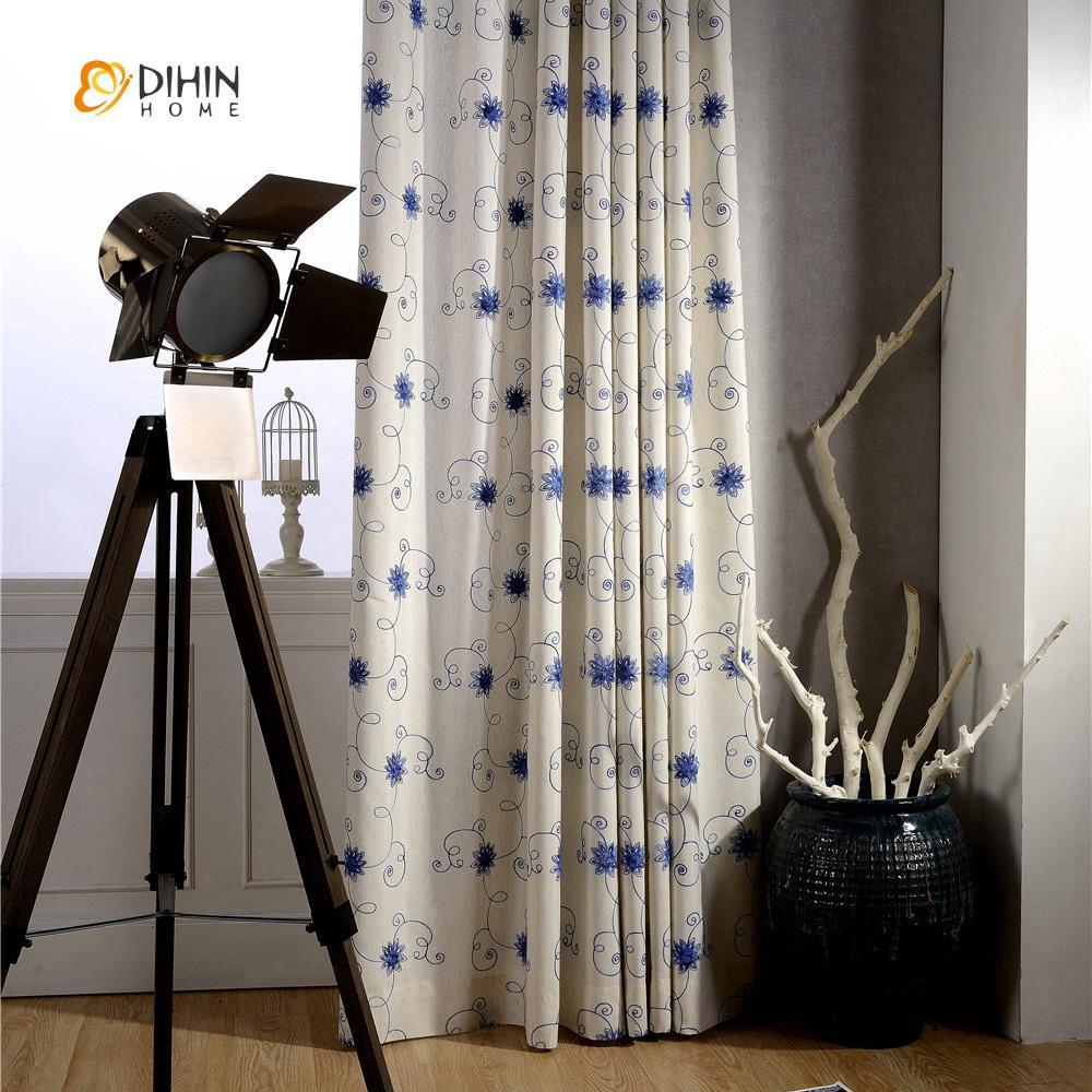 DIHINHOME Home Textile Pastoral Curtain DIHIN HOME Embroidered Blue Flower Curtain ,Cotton Linen ,Blackout Grommet Window Curtain for Living Room ,52x63-inch,1 Panel