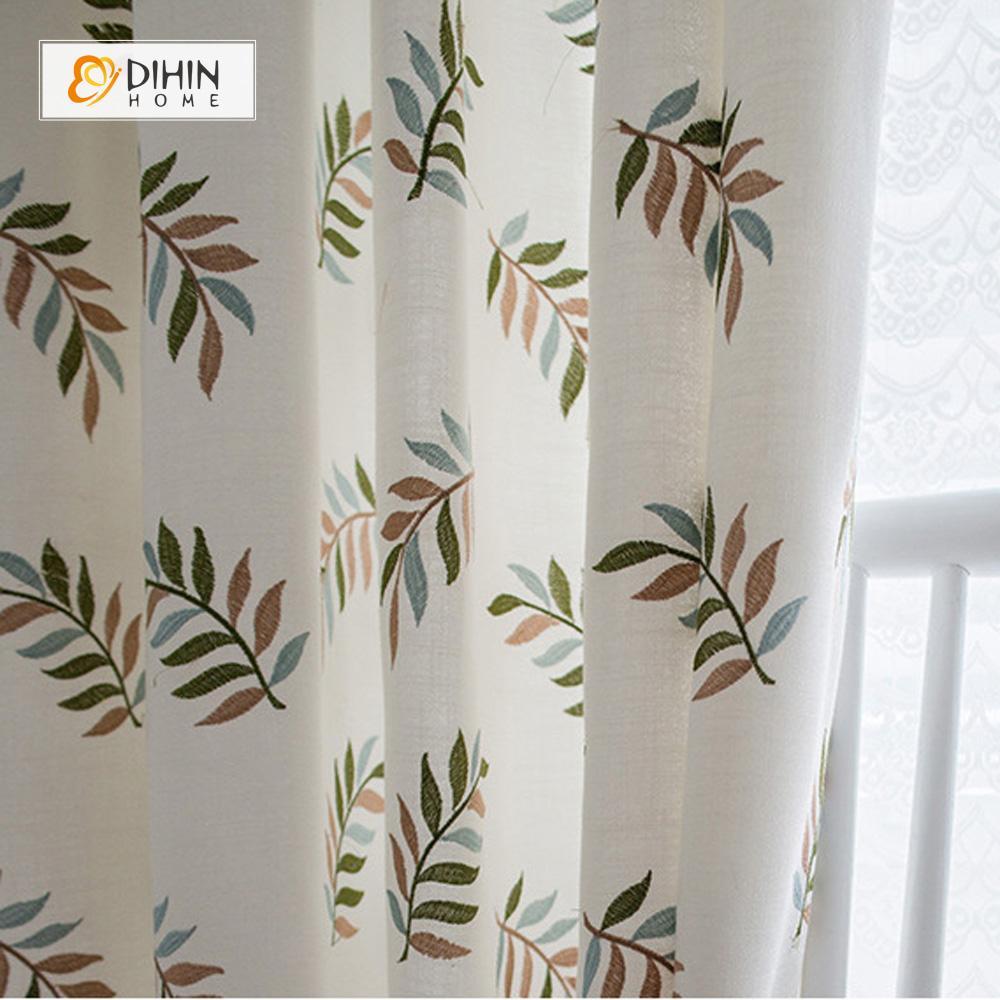 DIHINHOME Home Textile Pastoral Curtain DIHIN HOME Embroidered Leaves ,Cotton Linen ,Blackout Grommet Window Curtain for Living Room ,52x63-inch,1 Panel