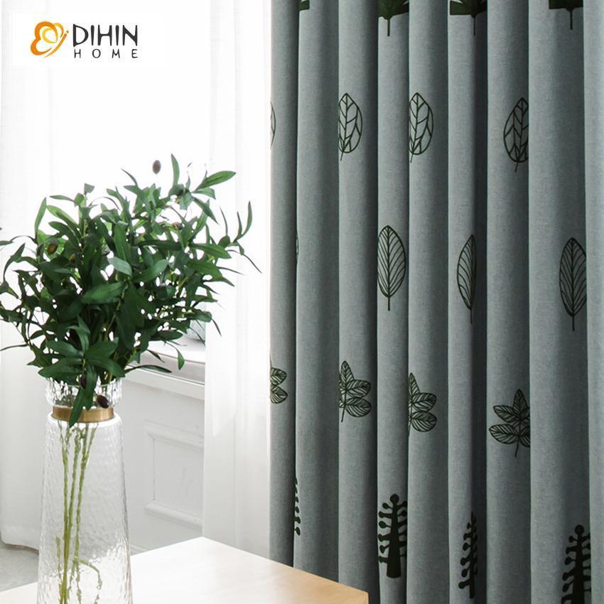 DIHIN HOME Empty Green Leaves Embroidered,Blackout Grommet Window Curtain for Living Room ,52x63-inch,1 Panel