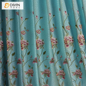 DIHIN HOME European Blue Flowers Embroidered Curtains Customzied Valance ,Blackout Curtains Grommet Window Curtain for Living Room ,52x84-inch,1 Panel