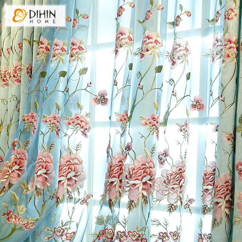 DIHIN HOME European Blue Flowers Embroidered Curtains Customzied Valance ,Blackout Curtains Grommet Window Curtain for Living Room ,52x84-inch,1 Panel