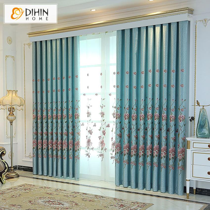 DIHIN HOME European Blue Flowers Embroidered Curtains Customzied Valance ,Blackout Curtains Grommet Window Curtain for Living Room ,52x84-inch,1 Panel