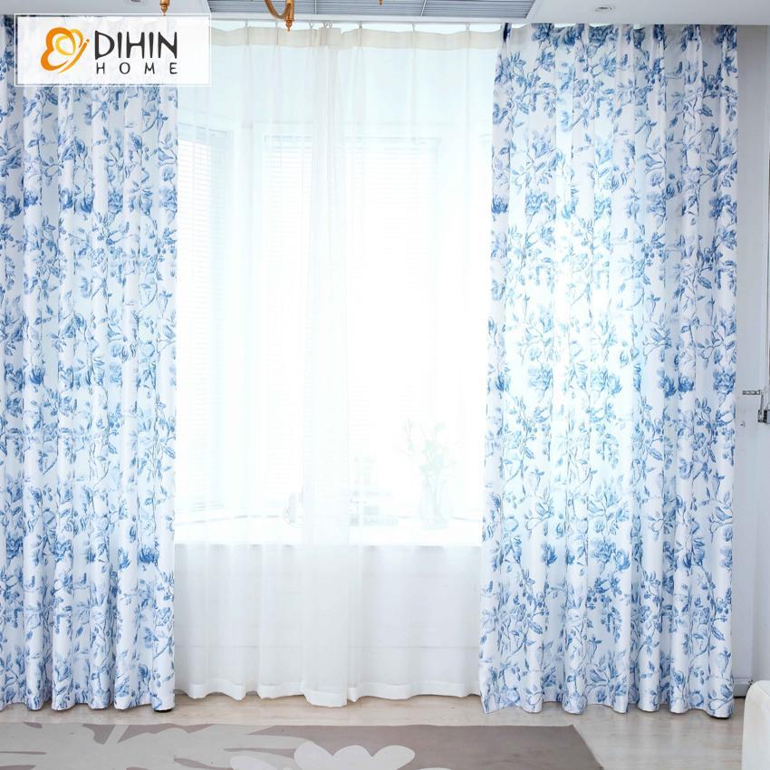 DIHINHOME Home Textile Pastoral Curtain DIHIN HOME Exquisite Blue Flowers Printed,Blackout Grommet Window Curtain for Living Room ,52x63-inch,1 Panel