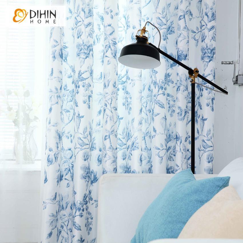 DIHINHOME Home Textile Pastoral Curtain DIHIN HOME Exquisite Blue Flowers Printed,Blackout Grommet Window Curtain for Living Room ,52x63-inch,1 Panel