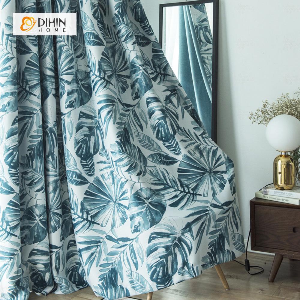 DIHINHOME Home Textile Pastoral Curtain DIHIN HOME Exquisite Blue Leaves Printed，Blackout Grommet Window Curtain for Living Room ,52x63-inch,1 Panel