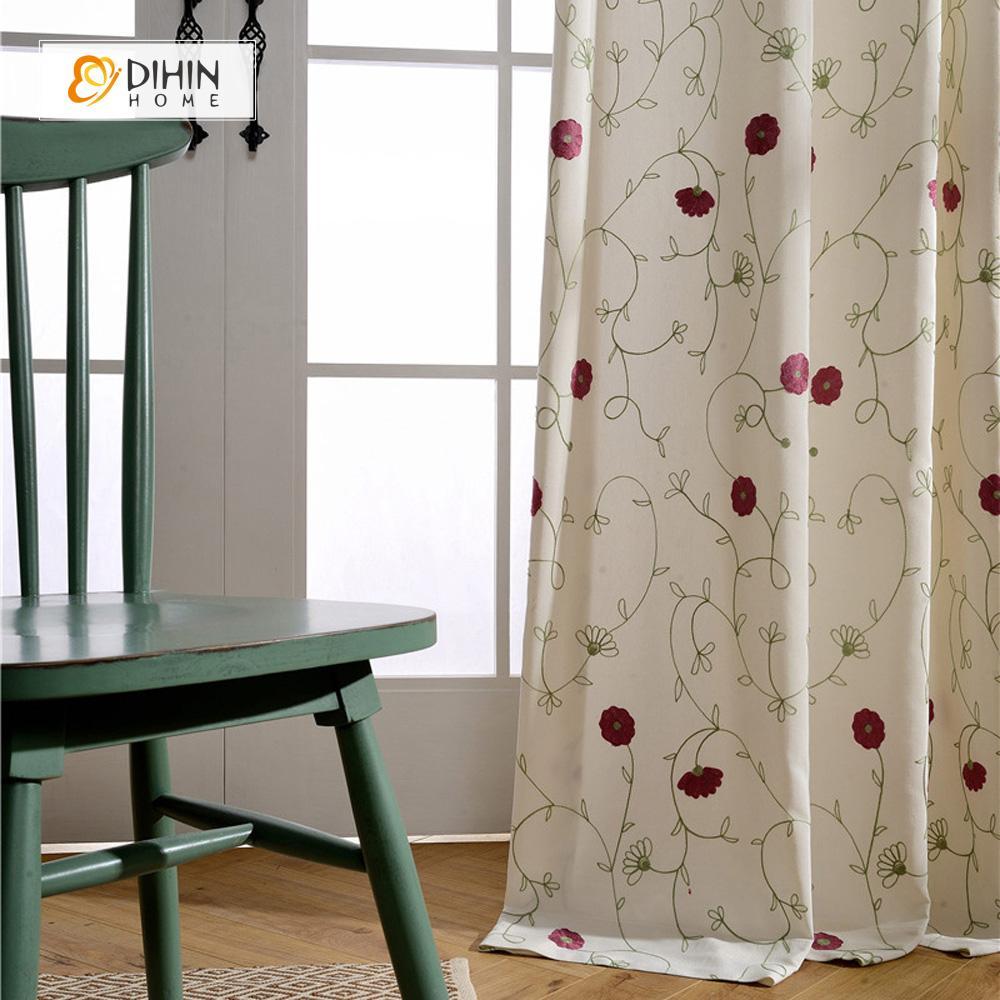 DIHINHOME Home Textile Pastoral Curtain DIHIN HOME Field Flowers Embroidered Curtain ,Cotton Linen ,Blackout Grommet Window Curtain for Living Room ,52x63-inch,1 Panel