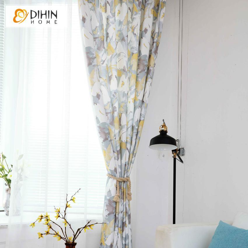 DIHINHOME Home Textile Pastoral Curtain DIHIN HOME Flowers Grey Leaves Printed,Blackout Grommet Window Curtain for Living Room ,52x63-inch,1 Panel