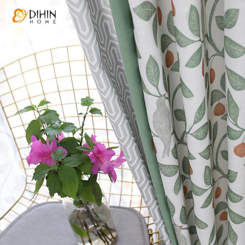 DIHINHOME Home Textile Pastoral Curtain DIHIN HOME Fruit Birds Leaves Printed,Blackout Grommet Window Curtain for Living Room ,52x63-inch,1 Panel