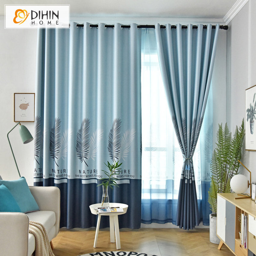 DIHIN HOME Garden Blue Big Leaves Printed,Blackout Curtains Grommet Window Curtain for Living Room ,52x63-inch,1 Panel