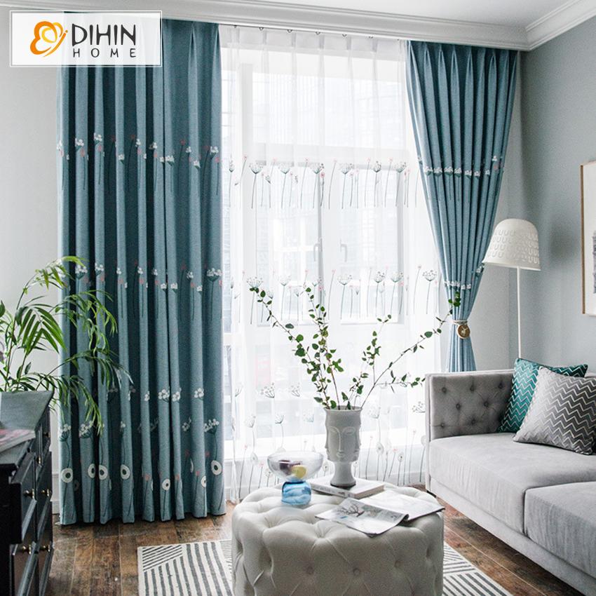 DIHIN HOME Garden Blue Color Embroidered Curtain,Blackout Curtains Grommet Window Curtain for Living Room ,52x63-inch,1 Panel