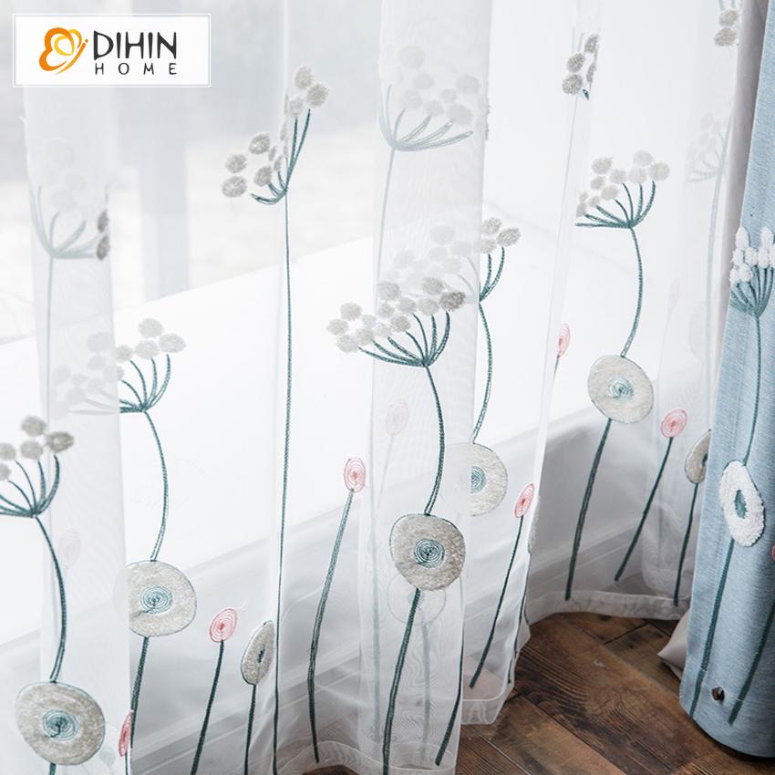 DIHIN HOME Garden Blue Color Embroidered Curtain,Blackout Curtains Grommet Window Curtain for Living Room ,52x63-inch,1 Panel