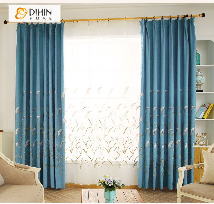 DIHINHOME Home Textile Pastoral Curtain DIHIN HOME Garden Blue Color Reed Embroidered,Blackout Grommet Window Curtain for Living Room ,52x63-inch,1 Panel