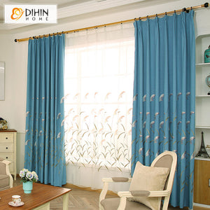 DIHINHOME Home Textile Pastoral Curtain DIHIN HOME Garden Blue Color Reed Embroidered,Blackout Grommet Window Curtain for Living Room ,52x63-inch,1 Panel