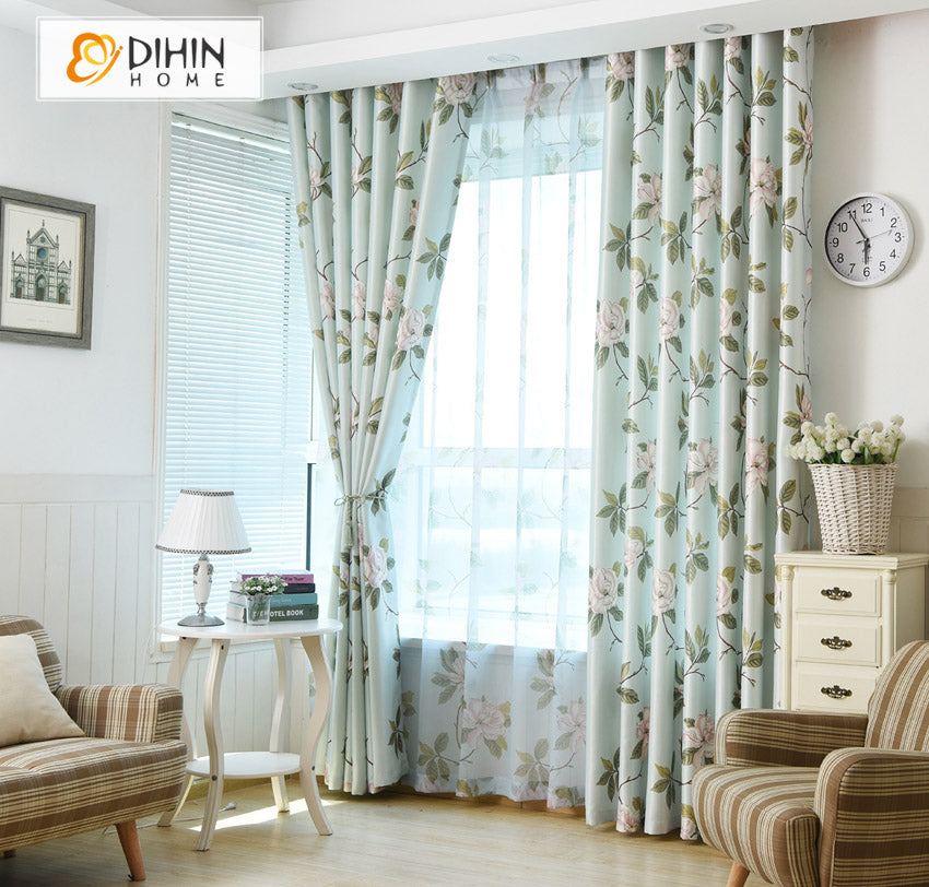 DIHIN HOME Garden Blue Flowers Printed,Blackout Curtains Grommet Window Curtain for Living Room ,52x63-inch,1 Panel