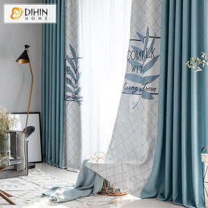 DIHIN HOME Garden Blue Leaves Printed ,Blackout Grommet Window Curtain for Living Room ,52x63-inch,1 Panel