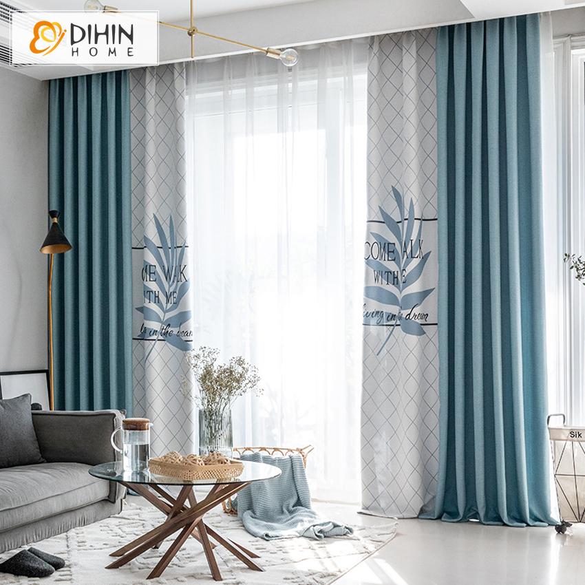 DIHIN HOME Garden Blue Leaves Printed ,Blackout Grommet Window Curtain for Living Room ,52x63-inch,1 Panel