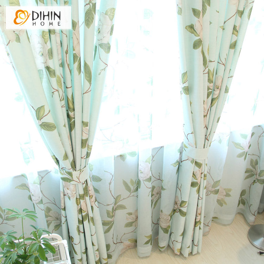 DIHINHOME Home Textile Pastoral Curtain DIHIN HOME Garden Cotton Linen Flower Printed,Blackout Grommet Window Curtain for Living Room ,52x63-inch,1 Panel