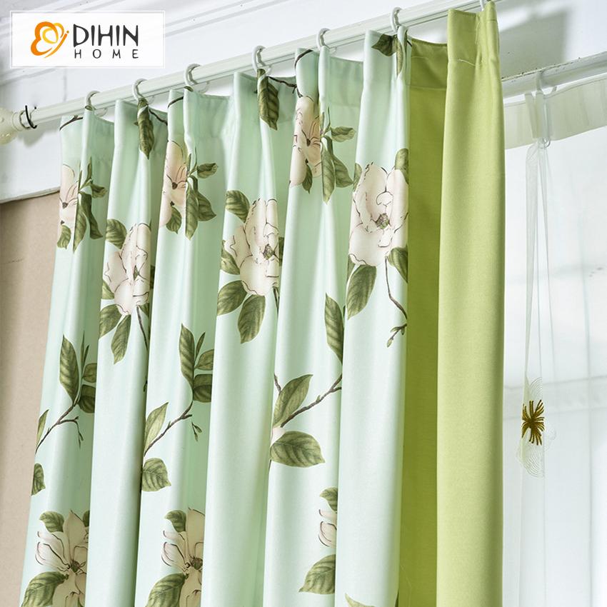 DIHIN HOME Garden Green Flowers Printed,Blackout Grommet Window Curtain for Living Room ,52x63-inch,1 Panel