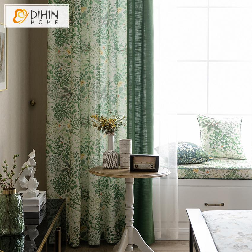 DIHINHOME Home Textile Pastoral Curtain DIHIN HOME Garden Green Printed Spliced Curtains，Blackout Grommet Window Curtain for Living Room ,52x63-inch,1 Panel Roman Shades Window Curtains Curtains Window Blinds Curtains Drapes