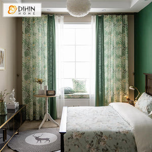 DIHINHOME Home Textile Pastoral Curtain DIHIN HOME Garden Green Printed Spliced Curtains，Blackout Grommet Window Curtain for Living Room ,52x63-inch,1 Panel Roman Shades Window Curtains Curtains Window Blinds Curtains Drapes